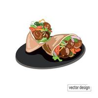 bolas de falafel em pão sírio com legumes e alface, em um fundo branco. Ilustração em vetor de falafel desenhando em estilo doodle, comida vegana saudável, comida de rua