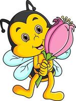 a abelha feliz está segurando uma flor e sorrindo vetor