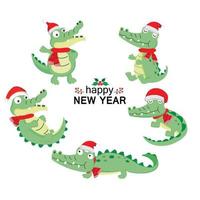 conjunto de crocodilo fofo com fantasia de Natal. vetor