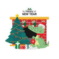 crocodilos bonitos usando chapéu de Natal, sentado perto da árvore de Natal e lareira. vetor