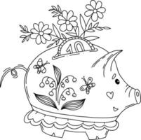 cofrinho de porco primavera com flores. ilustração vetorial. esboço de desenho de mão linear vetor