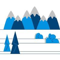 paisagem de neve de inverno geométrico e minimalismo. montanhas ou colinas, picos nevados, montes, árvores. design para cartão, site, publicidade. plana, ilustração vetorial de desenho animado isolada no fundo branco vetor