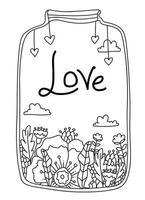 página do livro para colorir do doodle do dia dos namorados. jarra de vidro com flores, corações e o amor letteing. vetor linhas arte design anti-stress para adultos e crianças. cartões de amor desenhados à mão