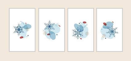 definir ilustração abstrata de inverno de formas e flocos de neve em azul com um vermelho. decoração vertical para cartões, cartazes, convites, banners, redes sociais de natal e ano novo. vetor isolado