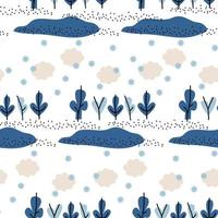 padrão sem emenda abstrato de inverno azul e branco com nuvens, árvores e flocos de neve. na moda mão desenhada texturas fundo de inverno. design abstrativo de neve para papel, tecido, decoração de interiores vetor