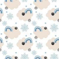 padrão sem emenda abstrato de inverno branco com flocos de neve, nuvens, arco-íris. na moda mão desenhada texturas fundo de inverno. design abstrativo de neve para papel, tecido, decoração de interiores, vetor