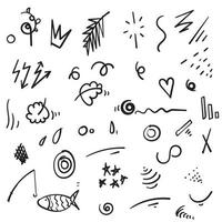 conjunto de símbolos de vetor abstrato mão desenhada. corações, círculos, rabiscos embalam com formas geométricas e rabiscos, tinta, lápis, manchas de pincel. desenho de doodle de ponto, cruz, seta, folha