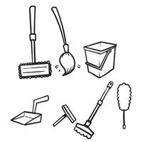 mão desenhada doodle equipamento de limpeza para trabalho doméstico, ilustração vetorial de vassoura e esfregão isolada vetor