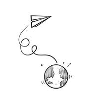 globo doodle desenhado à mão e símbolo de trilha de avião de papel para ilustração de viagem isolada vetor