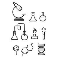 laboratório de química desenhado à mão e ícones diagramáticos mostrando diversos experimentos, vidros e moléculas em estilo doodle vetor