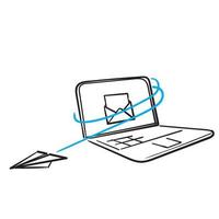 mão desenhada doodle avião de papel e conceito de correio para vetor de ilustração de marketing por e-mail isolado