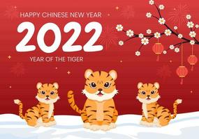 feliz ano novo chinês 2022 com zodíaco bonito tigre e flor em fundo vermelho para cartão, calendário ou cartaz na ilustração de design plano vetor