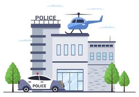 Edifício da delegacia de polícia com o policial e o carro da polícia em ilustração de fundo de estilo simples vetor
