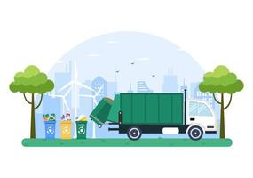 reciclagem de ecologia de fundo de ilustração plana com lixo orgânico, papel ou plástico recolhido em um caminhão e levado para queimar vetor