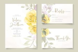 modelo de cartão de casamento com tema de ornamentos florais amarelos desenhado à mão vetor