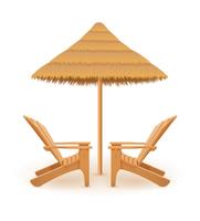 praia poltrona espreguiçadeira espreguiçadeira de madeira e guarda-chuva feita de palha e reed ilustração vetorial vetor