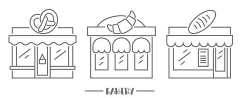 ícones de padaria. frente da confeitaria com quadro indicador. pastelaria. fachada do mercado. conjunto de vetores de contorno.