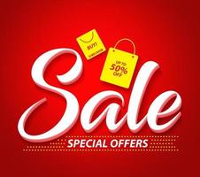 banner de vetor de venda com ofertas especiais de texto e ícone de sacolas de compras em fundo vermelho. ilustração vetorial.
