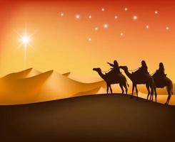 árabe cavalgando camelo nas areias do deserto no Oriente Médio, indo para a cidade no reino da Arábia Saudita. ilustração vetorial editável vetor