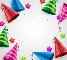 fundo de vector de celebração de festa de aniversário com espaço vazio em branco para texto e chapéus de aniversário coloridos e estrelas em branco. ilustração vetorial.