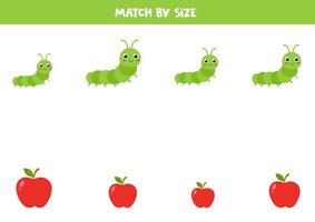 jogo de correspondência para crianças pré-escolares. combinar lagartas e maçãs por tamanho. vetor