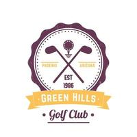 logotipo vintage do clube de golfe, emblema, sinal vintage do clube de golfe, tacos de golfe cruzados e bola em branco, ilustração vetorial vetor