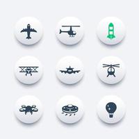 conjunto de ícones de aeronaves, aviação, transporte aéreo, avião, helicóptero, drone, biplano, nave alienígena, balão vetor