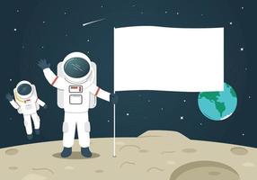 astronauta segurando uma bandeira em branco na lua vetor