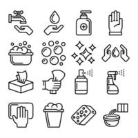 conjunto simples de ícones de linha de vetor relacionados com desinfecção e limpeza. contém ícones como homem na suíte de proteção de desinfecção, desinfetante, spray e muito mais