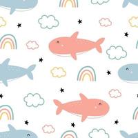 bebê sem costura padrão desenhos animados animais tubarão de fundo com nuvens e arco-íris. design desenhado à mão em estilo cartoon, usado para impressões, papéis de parede, têxteis, ilustrações vetoriais. vetor