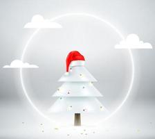árvore de Natal com guirlanda e chapéu de Papai Noel. Banner de vetor 3D com espaço de cópia