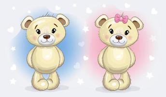 ursos de pelúcia bonitos dos desenhos animados isolados em um fundo azul e rosa com corações e estrelas. chá de bebê. ilustração em vetor bebê boneca.