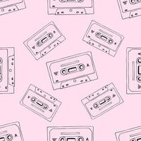 mão desenhada cassete e mixtape padrão sem emenda, fundo rosa cartoon para tecnologia musical ou equipamento de áudio vetor