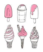 conjunto de ícones de sorvete vector a ilustração do doodle. coleção infantil de proteção solar em cone isolado no fundo branco