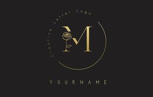 logotipo da letra m inicial criativo dourado com círculo de letras e rosa desenhada de mão. elemento floral e elegante letra m. vetor