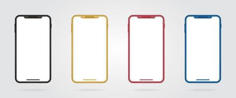 quadros de smartphones coloridos realistas. telefone móvel maquete preto, dourado, vermelho e azul. conjunto de celulares coloridos. vetor
