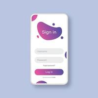 maquete de smartphone com modelo de página de formulário de login. cores roxas da moda. formulário de inscrição online. vetor