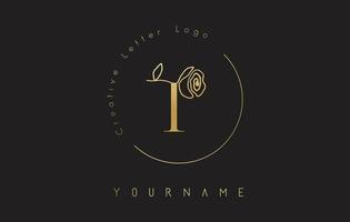 logotipo da letra t inicial criativo dourado com círculo de letras e rosa desenhada de mão. elemento floral e elegante letra t. vetor