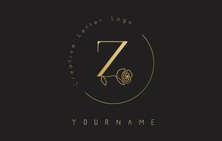 logotipo dourado da letra z inicial criativa com círculo de letras e rosa desenhada de mão. elemento floral e elegante letra z. vetor