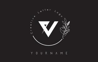 logotipo criativo inicial da letra v com rotulação círculo mão desenhada flor elemento e folha. vetor