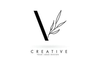 design de logotipo de letra v com ilustração em vetor folhas elegantes e finas.