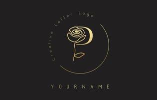 logotipo dourado criativo inicial letra p com círculo de letras e rosa desenhada de mão. elemento floral e elegante letra p. vetor