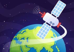 satélites artificiais orbitando o planeta Terra com tecnologia sem fio global 5g rede de internet comunicação por satélite em ilustração de fundo plano vetor