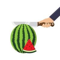 mão segure faca e corte melancia em ilustração plana de fundo branco vetor