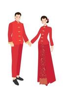 casal de noivos chineses com vestido vermelho tradicional de mãos dadas