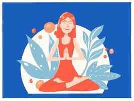 mulher meditando. relaxante. posição de lótus. prática de ioga. ornamento floral. paleta de cores limitada. meditação. pessoas serenas