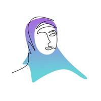 contínua uma única linha de mulher hijab azul vetor