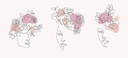 conjunto de vetores de rostos de mulheres, ilustrações de arte de linha de corpos, logotipos com flores e folhas, conceito de natureza feminina. use para impressões, tatuagens, pôsteres, têxteis, logotipos, cartões, etc.