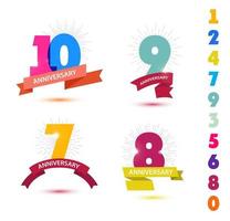 conjunto de vetores de design de números de aniversário. 10, 9, 7, 8 ícones, composições com fitas.