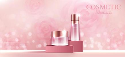 hidratante facial rosa skincare para venda anual ou liquidação em festival. frasco de máscara de creme de prata isolado em fundo de partículas de brilho para apresentação do produto. anúncios de cosméticos graciosos, ilustração vetorial. vetor